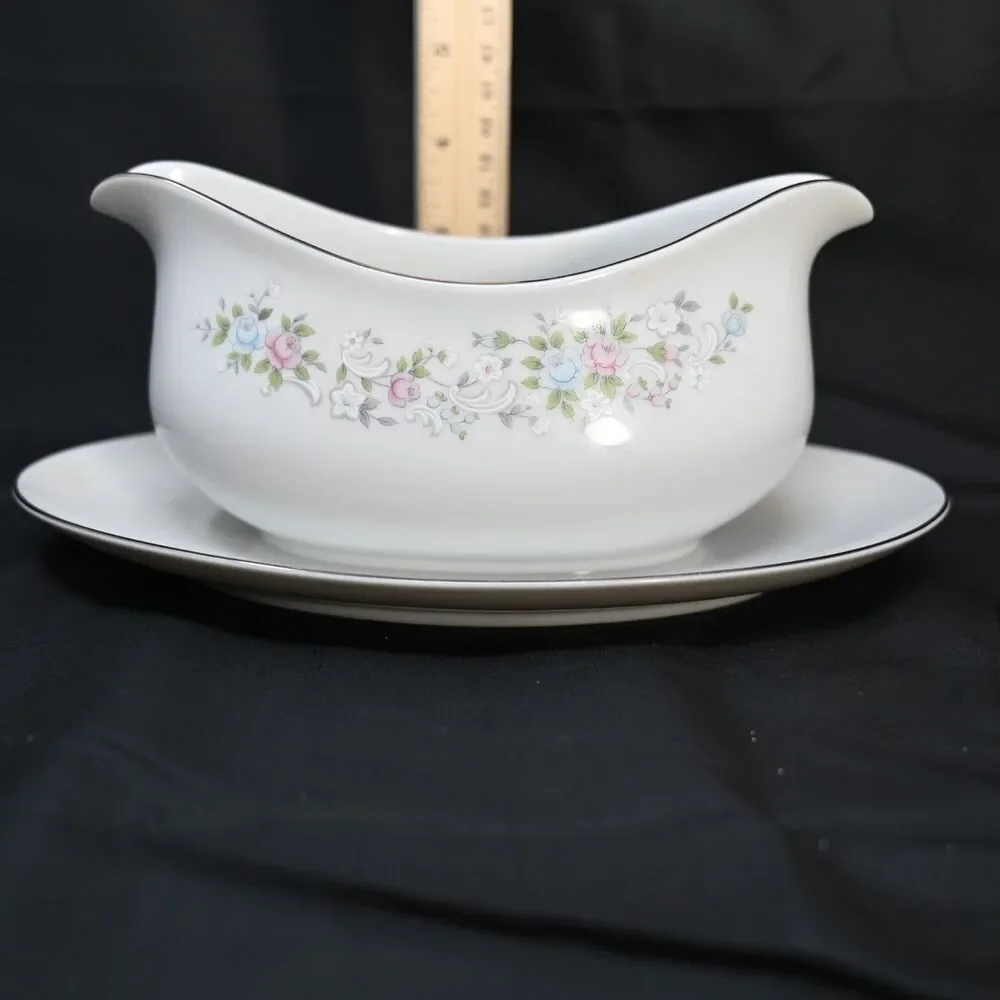 Vintage Carlton Corsage 481 Japan Gravy Boat Underplate Floral Platinum